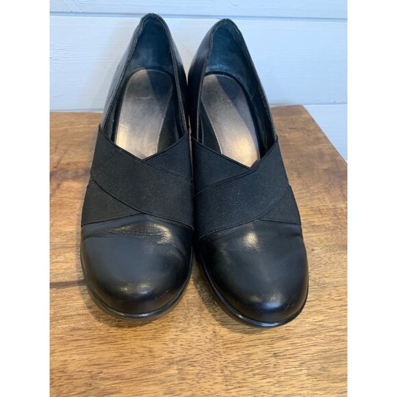 Dankso Tori Nappa Leather Pumps Size 39 Black Block Heel Comfort Shoes Elastic - Picture 3 of 7